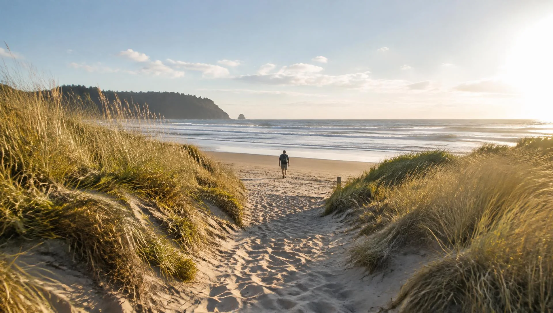 A sandy path through dune grass leading to an ocean beach, a person walking far ahead