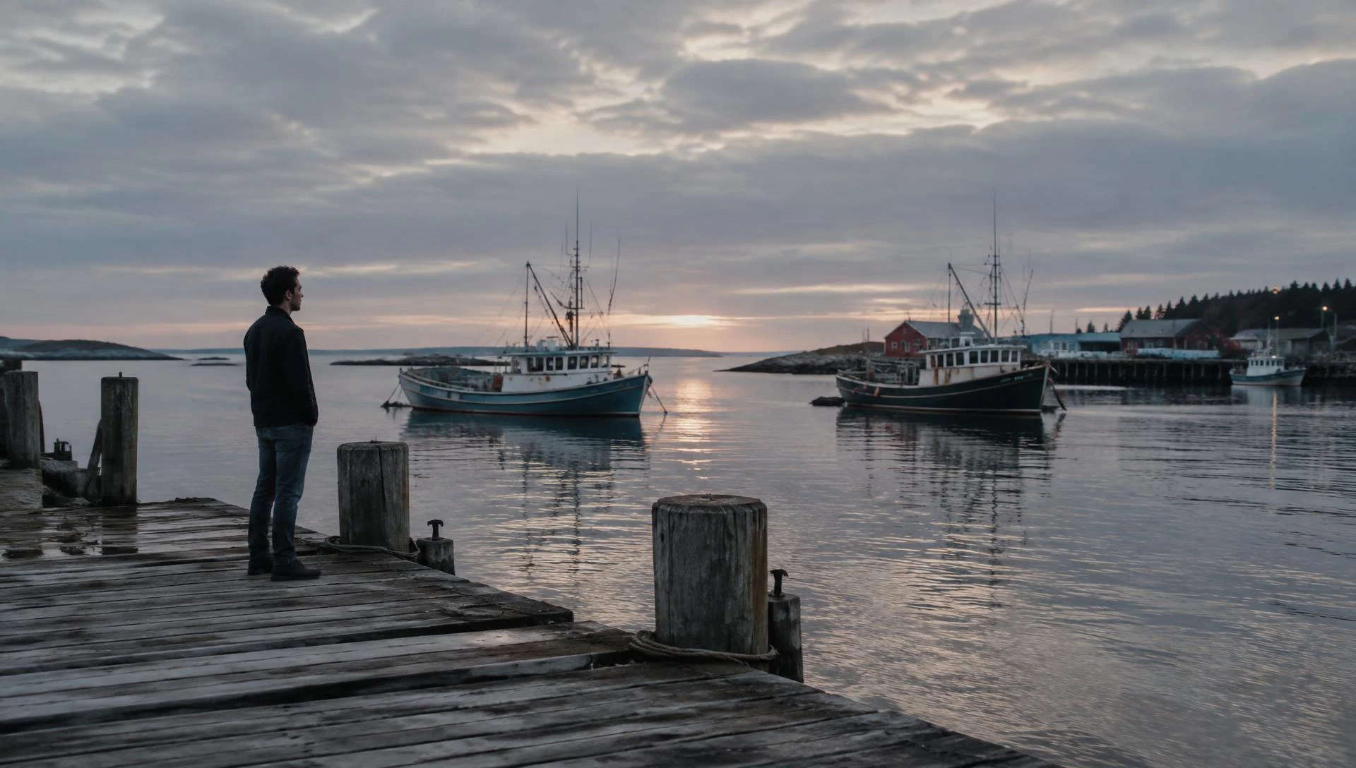 A young man standing quietly on an old harbor pier at dusk