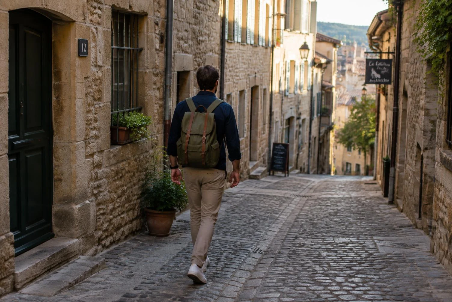 A man walking up a quiet cobblestone street in warm afternoon light