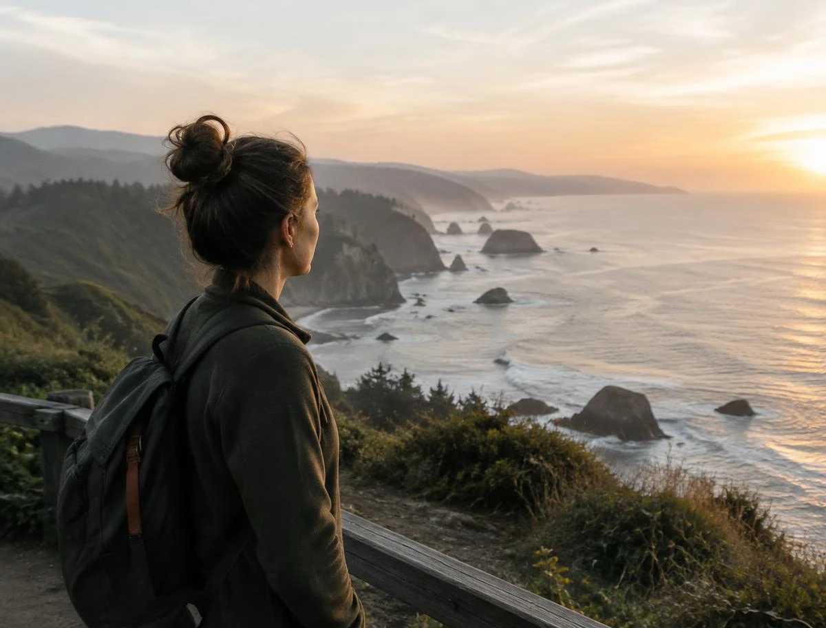 A woman pausing at an ocean overlook in soft early morning light