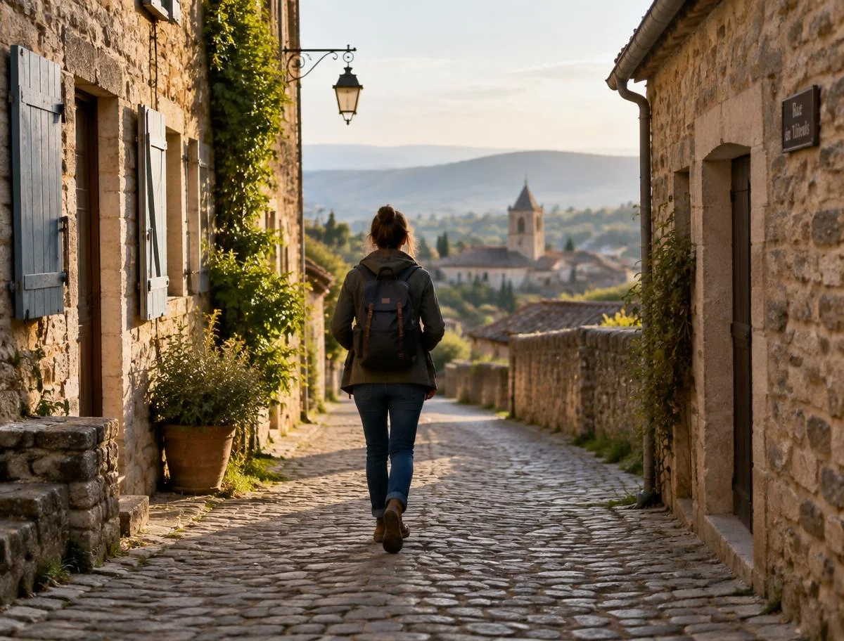 A person walking down a cobblestone lane in an old stone village