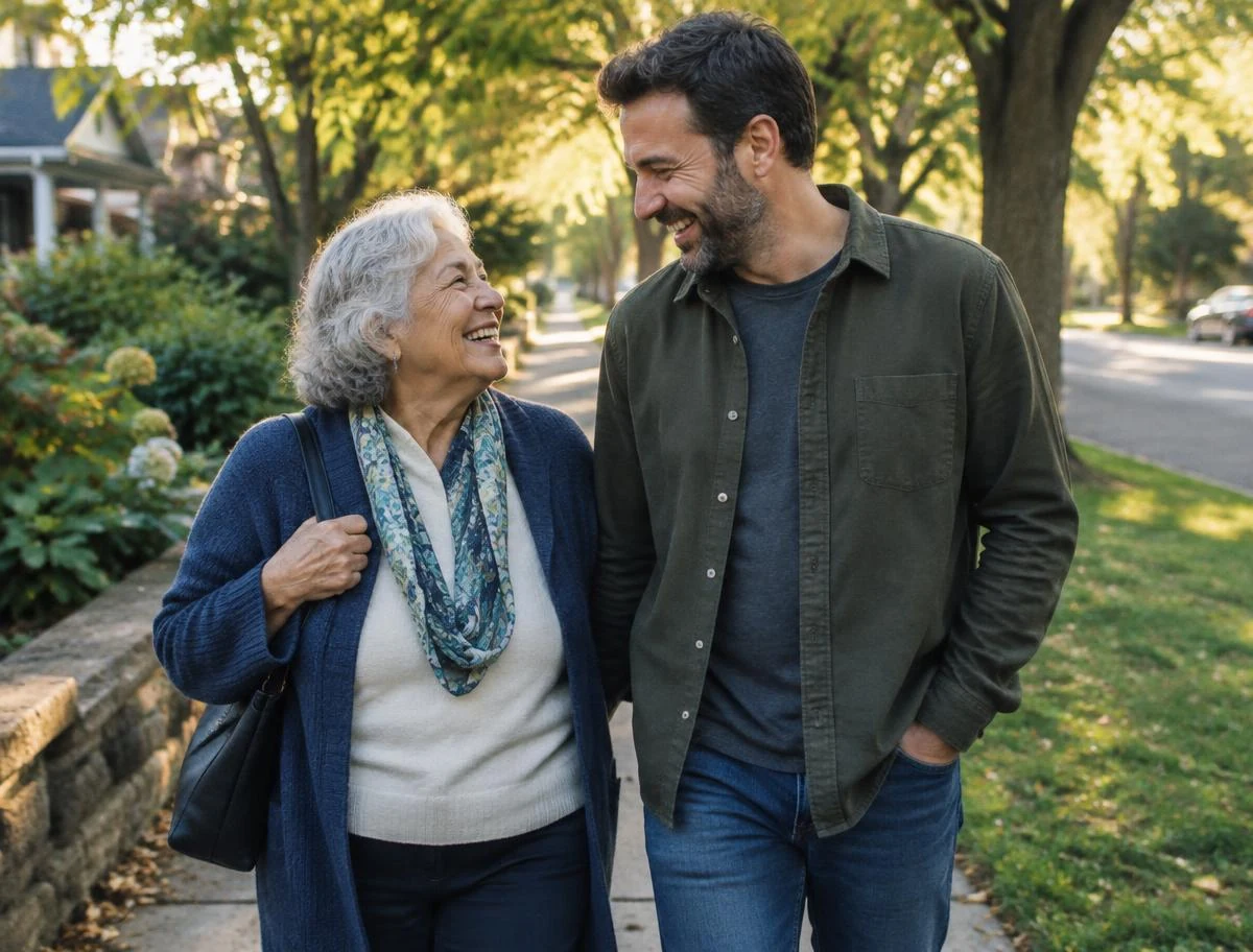 A grandmother and her son laughing together on a neighborhood sidewalk