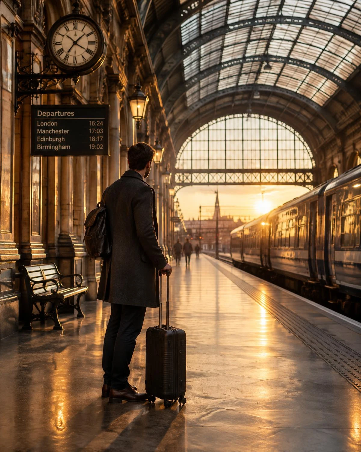 A traveller with a suitcase on a grand train station platform at golden hour