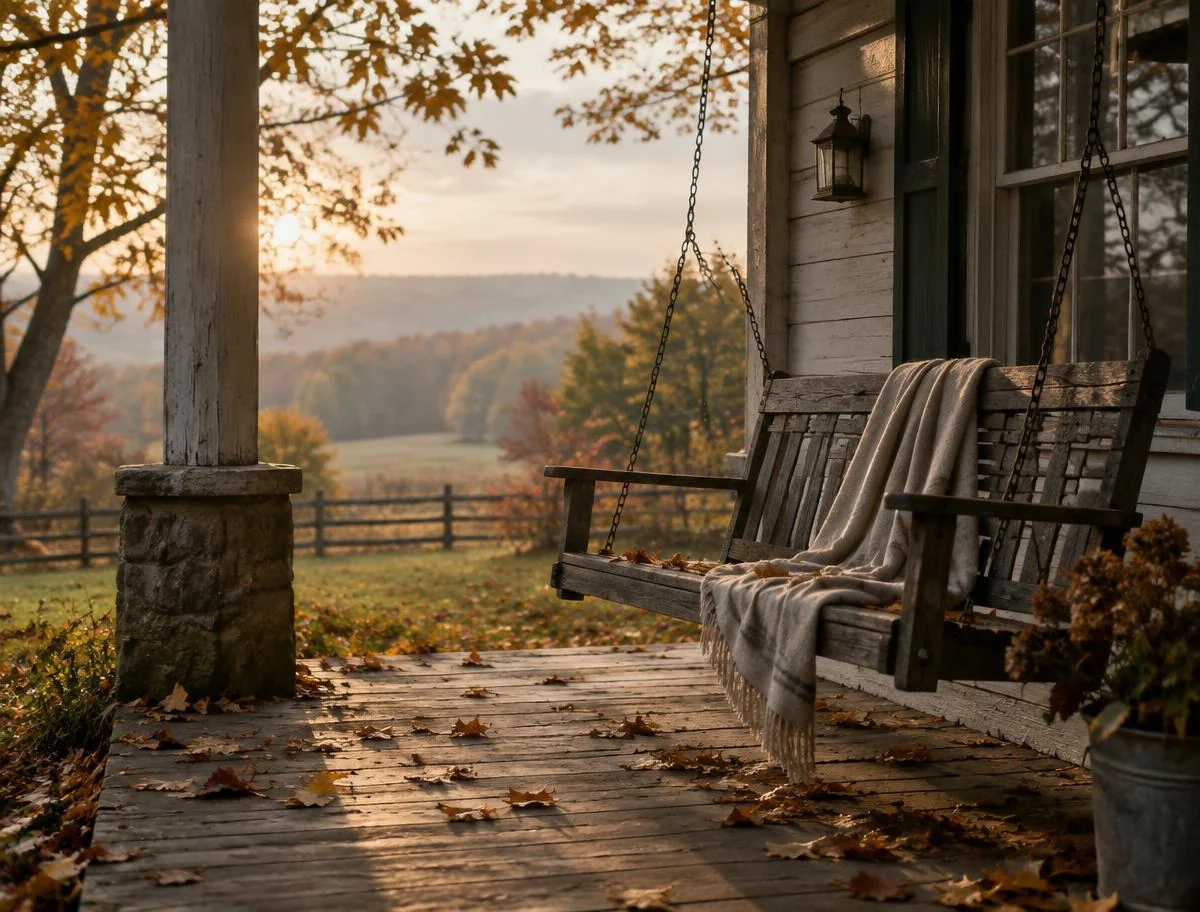 An empty porch swing with a blanket on an old country house in autumn light