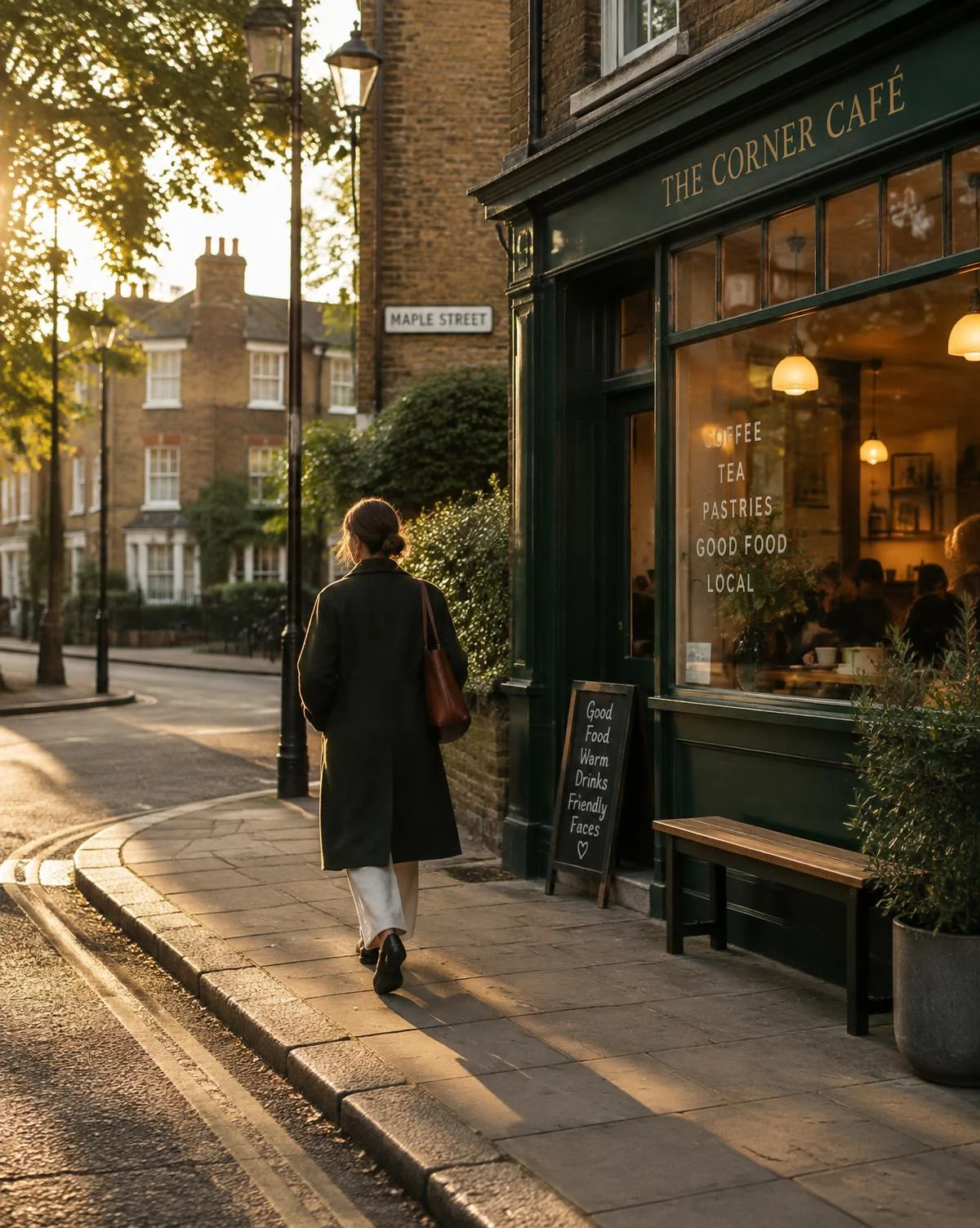 A person walking past a corner café on a quiet city street in late-afternoon light