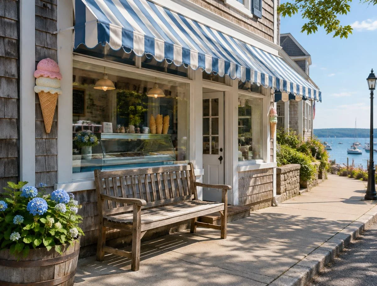 A seaside ice cream shop with a striped awning and a wooden bench out front