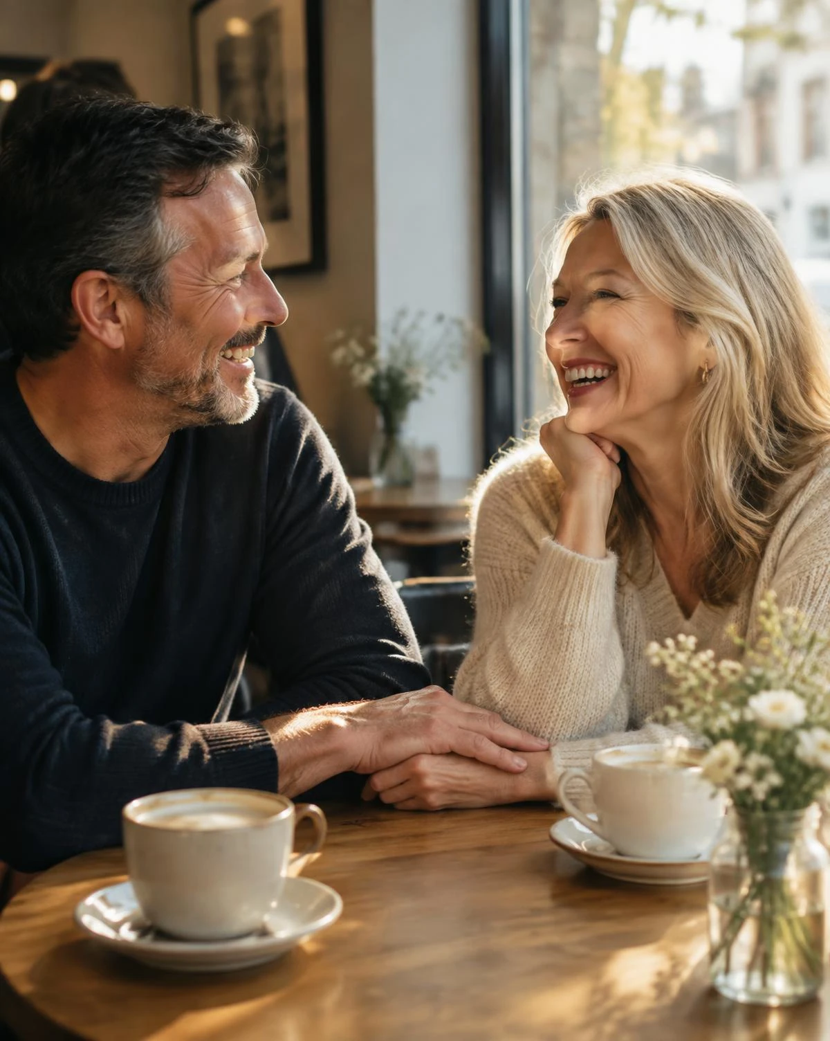 Two people laughing together over coffee at a café table by a window
