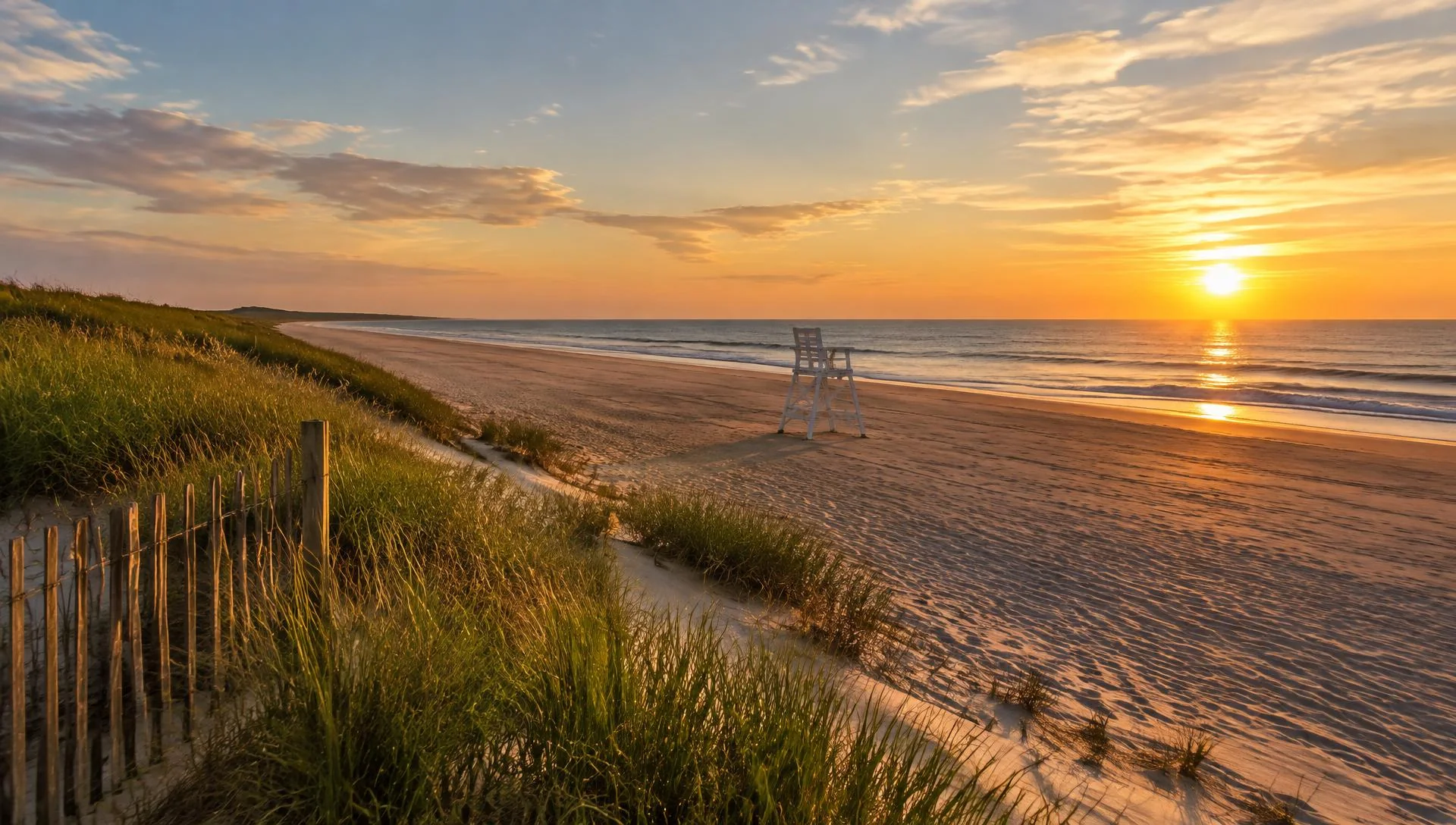 A quiet beach with dunes and a lifeguard chair at golden hour