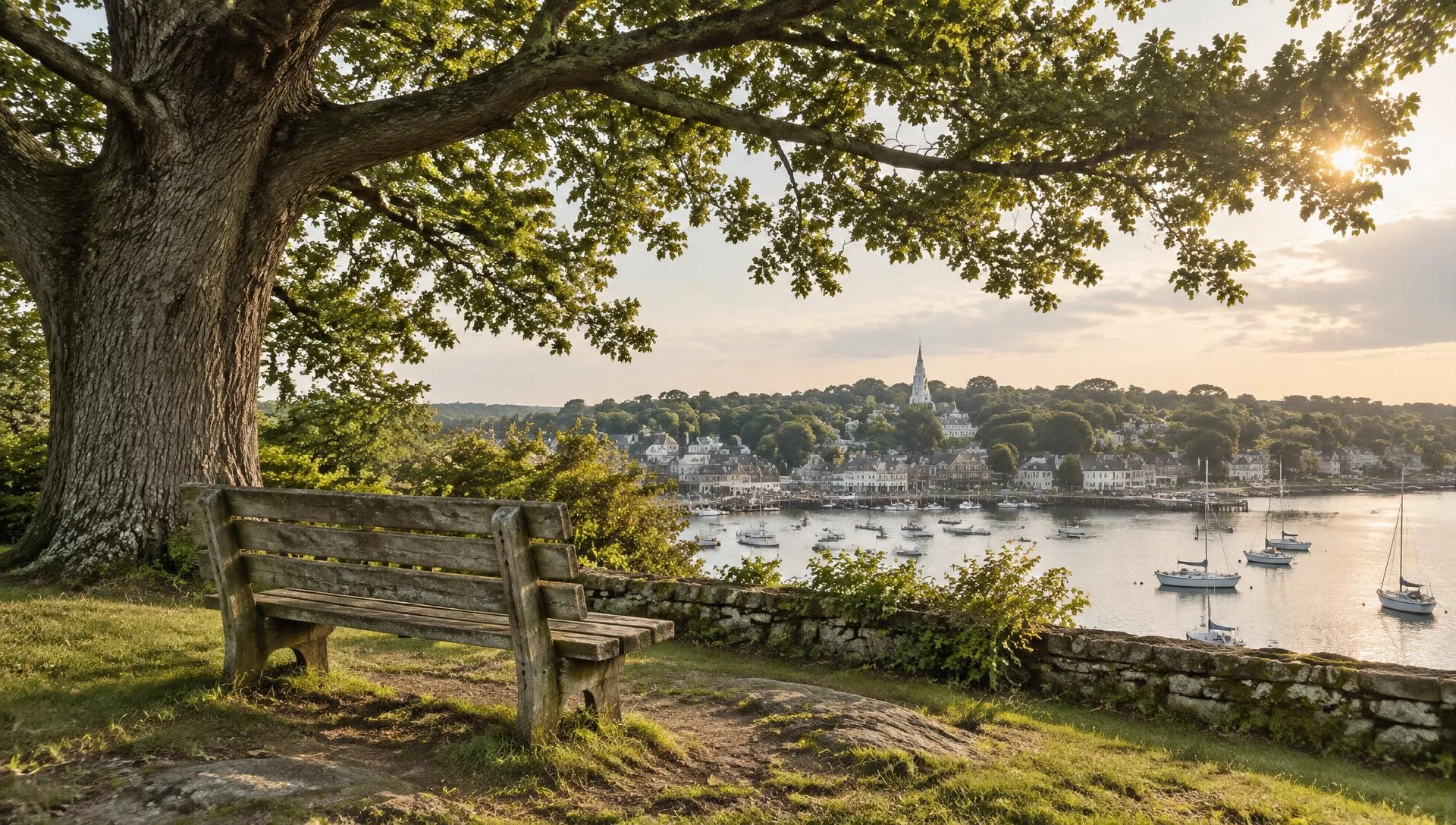 An old wooden bench under an oak tree overlooking a small harbor town in late-afternoon light