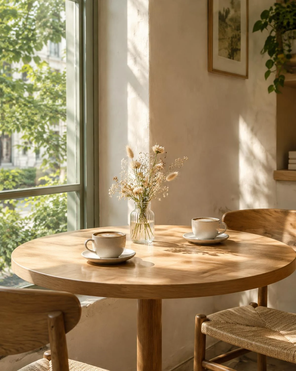 A round wooden table by a window in soft morning light, two cups of coffee
