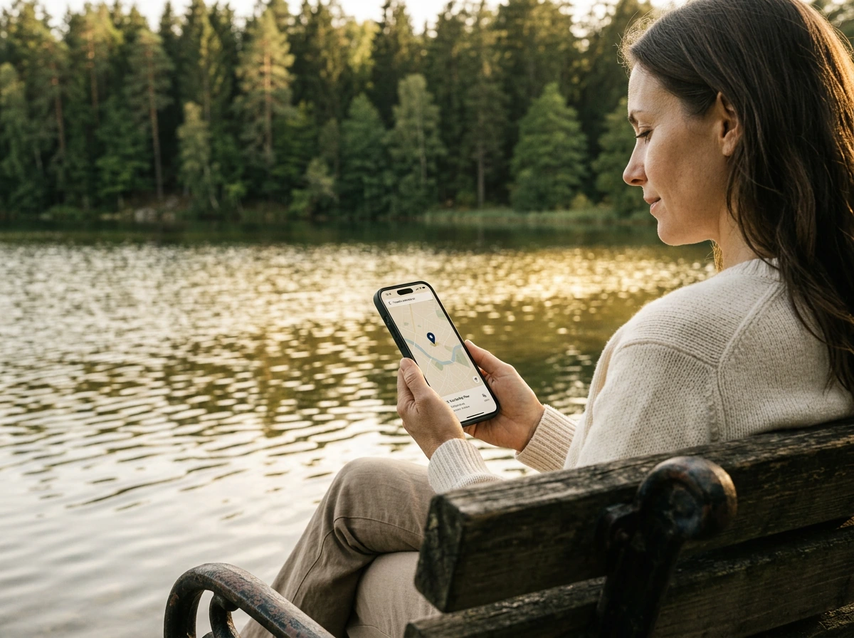A woman on a lakeside bench looking at a message on her phone