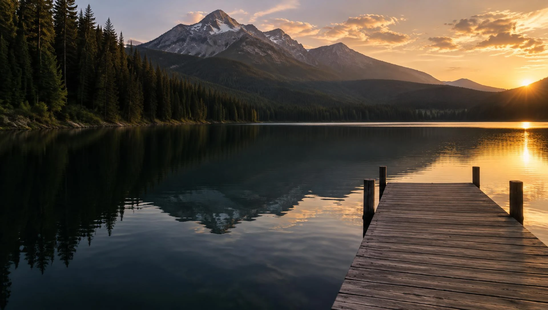An empty wooden dock reaching onto a still mountain lake at golden hour