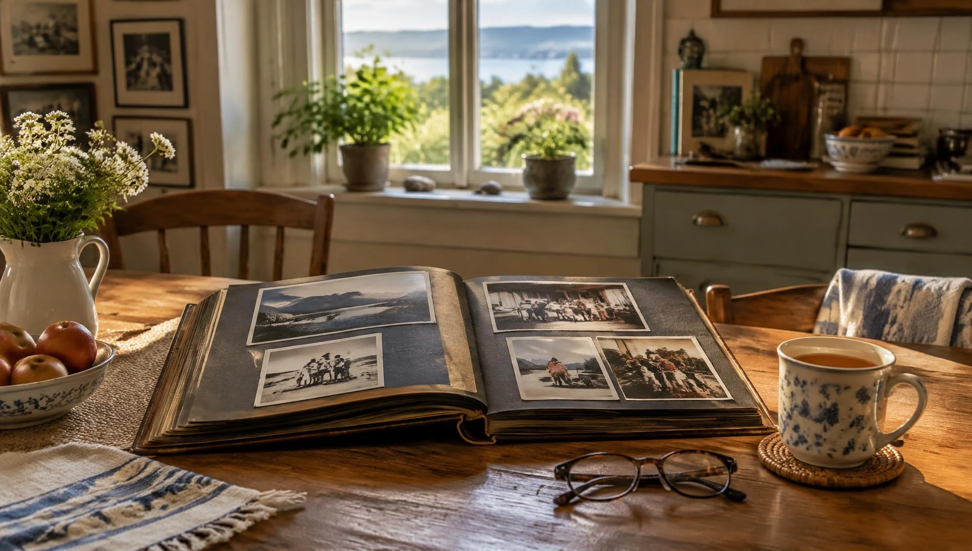 An open photo album, reading glasses and a cup of tea on a kitchen table by a window