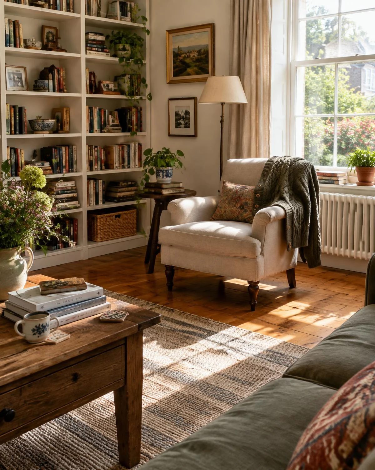 A sunlit living room with bookshelves and a cardigan over an armchair