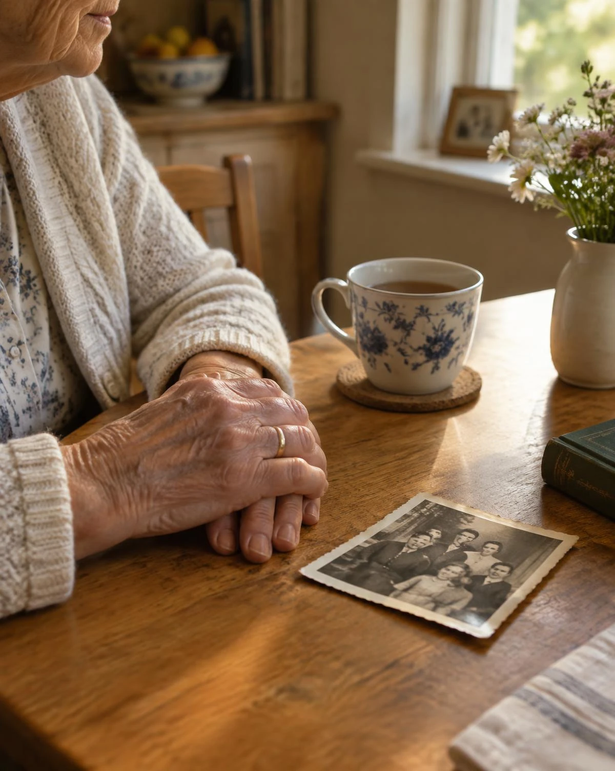 An elderly person's hands on a kitchen table beside a cup of tea and an old family photograph