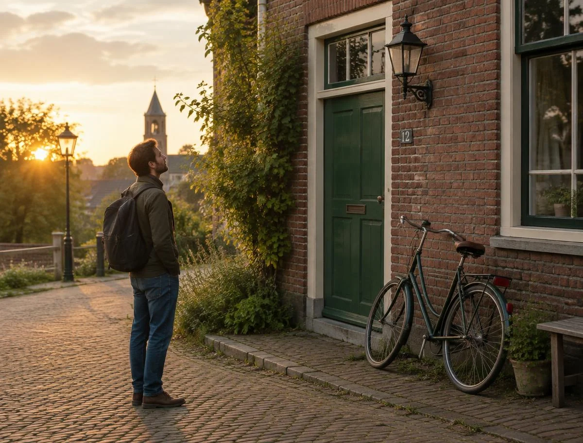 A man pausing at a brick building with a green door on a cobblestone street at golden hour