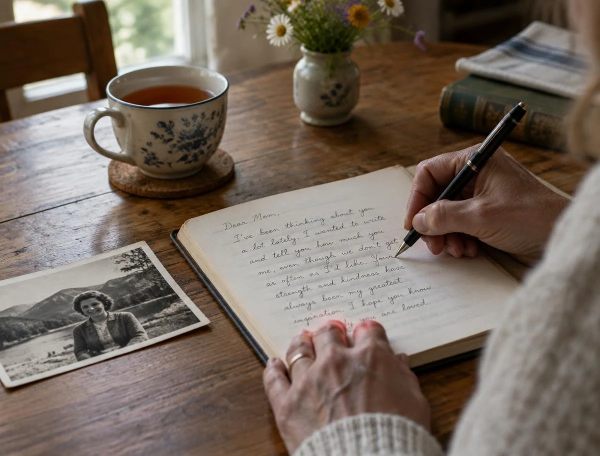 Hands writing a letter at a wooden table beside a cup of tea and an old photograph